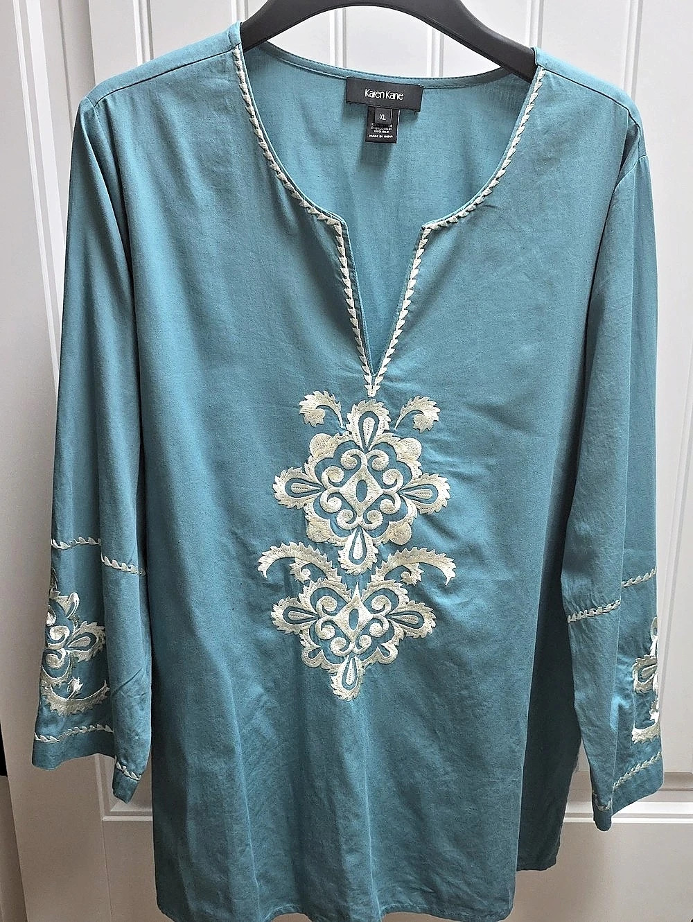 Karen Kane Embroidered Silk Cotton Tunic in Teal XL